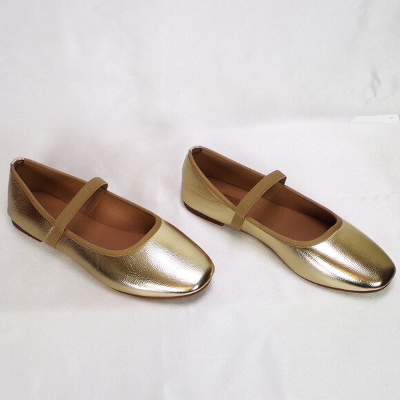 JENNY FAIRY size 9.5 gold-metallic/tan faux-patent-leather ballet flats all syn - Picture 1 of 13